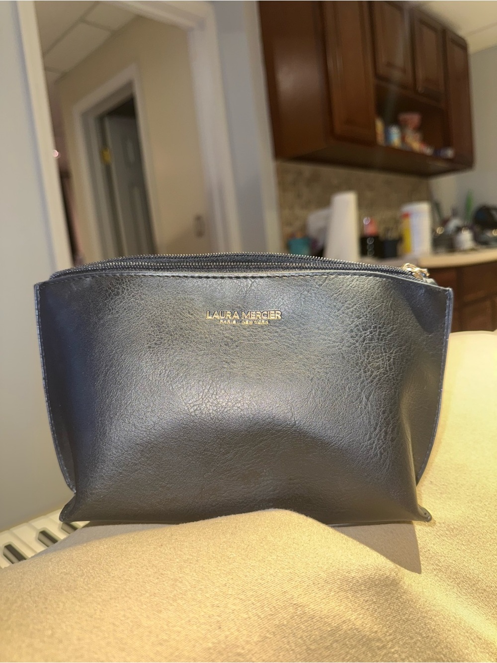 laura mercier Black Leather Zip Cosmetic Pouch with Gold Logo
